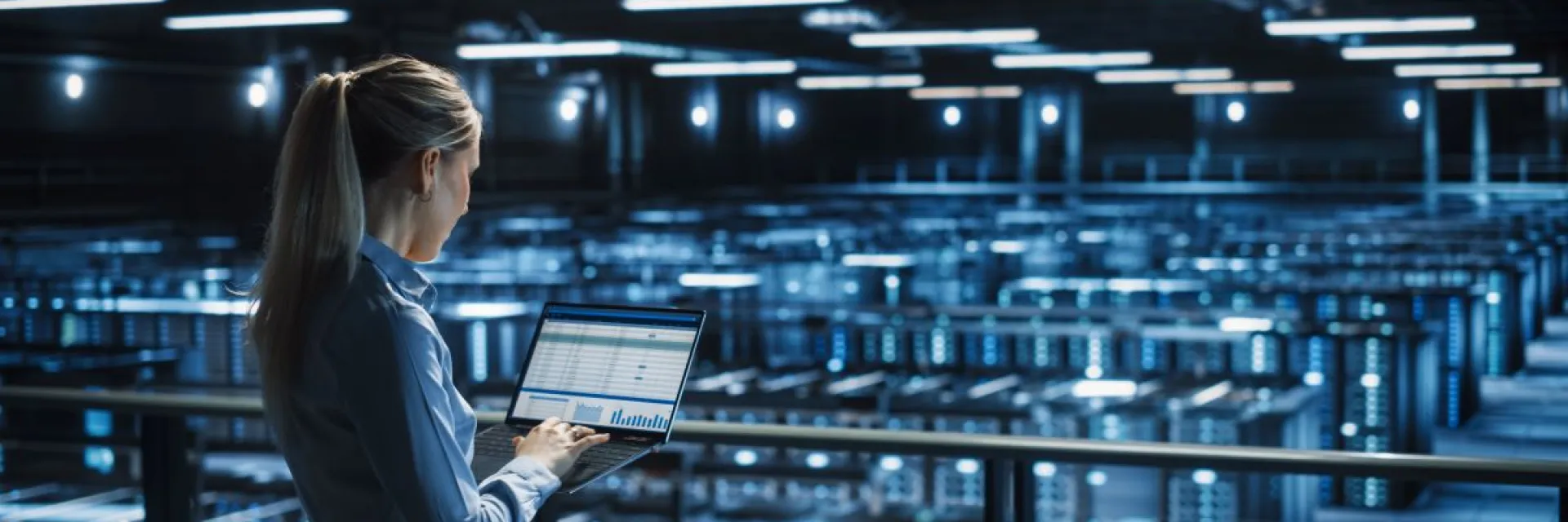 Professional analysing data on a laptop inside a high-tech data center with rows of servers, representing Europe’s investment in digital infrastructure, cloud computing, and advanced data technologies under the Strategic Technologies for Europe Platform.