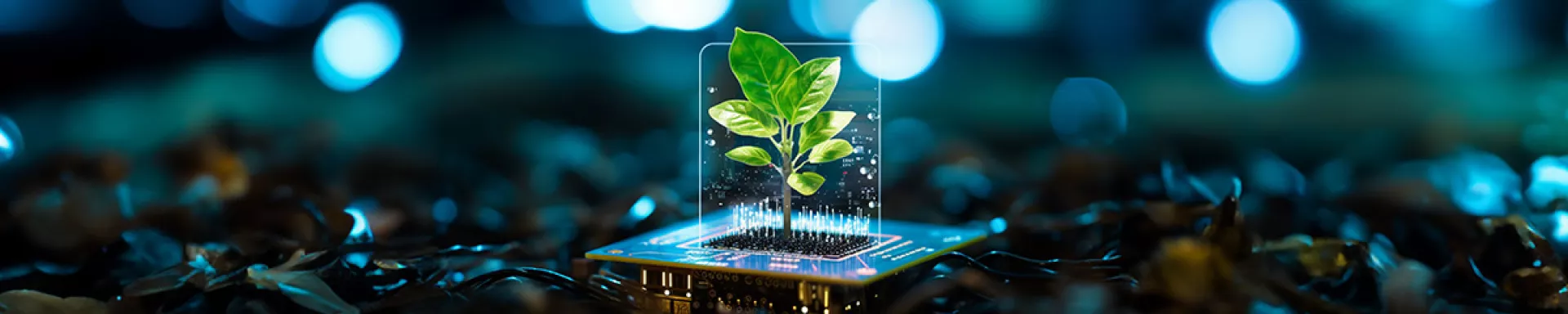 Banner with glowing plant growing on computer chip illustrating digital tech