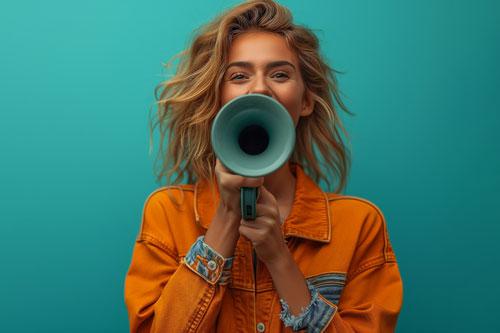 A woman in an orange shirt on a blue background shouts joyfully into a megaphone