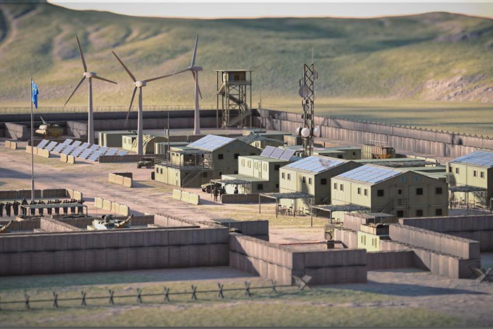 EU military base in hilly terrain with solar panels, wind turbines, secure fencing, and communication infrastructure