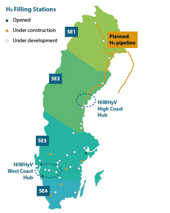 Map of Sweden marking the hydrogen filling stations opened, under constructions and under developement between the two regional hubs in West Coast and High Coast