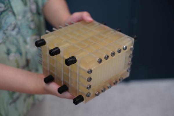 Prototype membrane device for seawater purification in green hydrogen production.