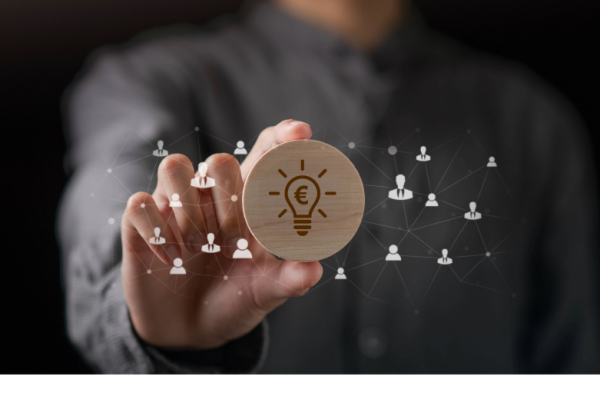 Hand holding a wooden disc with a euro symbol inside a lightbulb, over a network of connected user icons.
