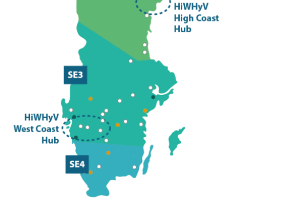 Map of Sweden marking the hydrogen filling stations opened, under constructions and under developement between the two regional hubs in West Coast and High Coast